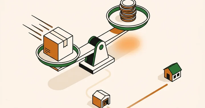 Isometric balance beam weighing a fast parcel against a stack of coins