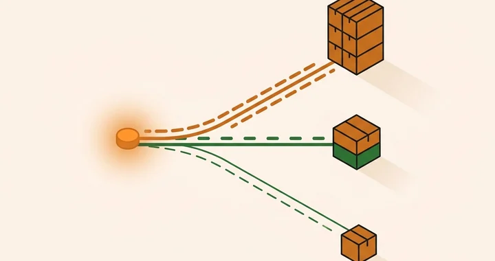 One origin node branching into three fulfilment routes of different scale